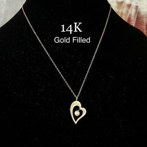 14K YELLOW NECKLACE GOLD FILLED HEART PEARL PENDANT CHAIN VINTAGE GENTLE WORN